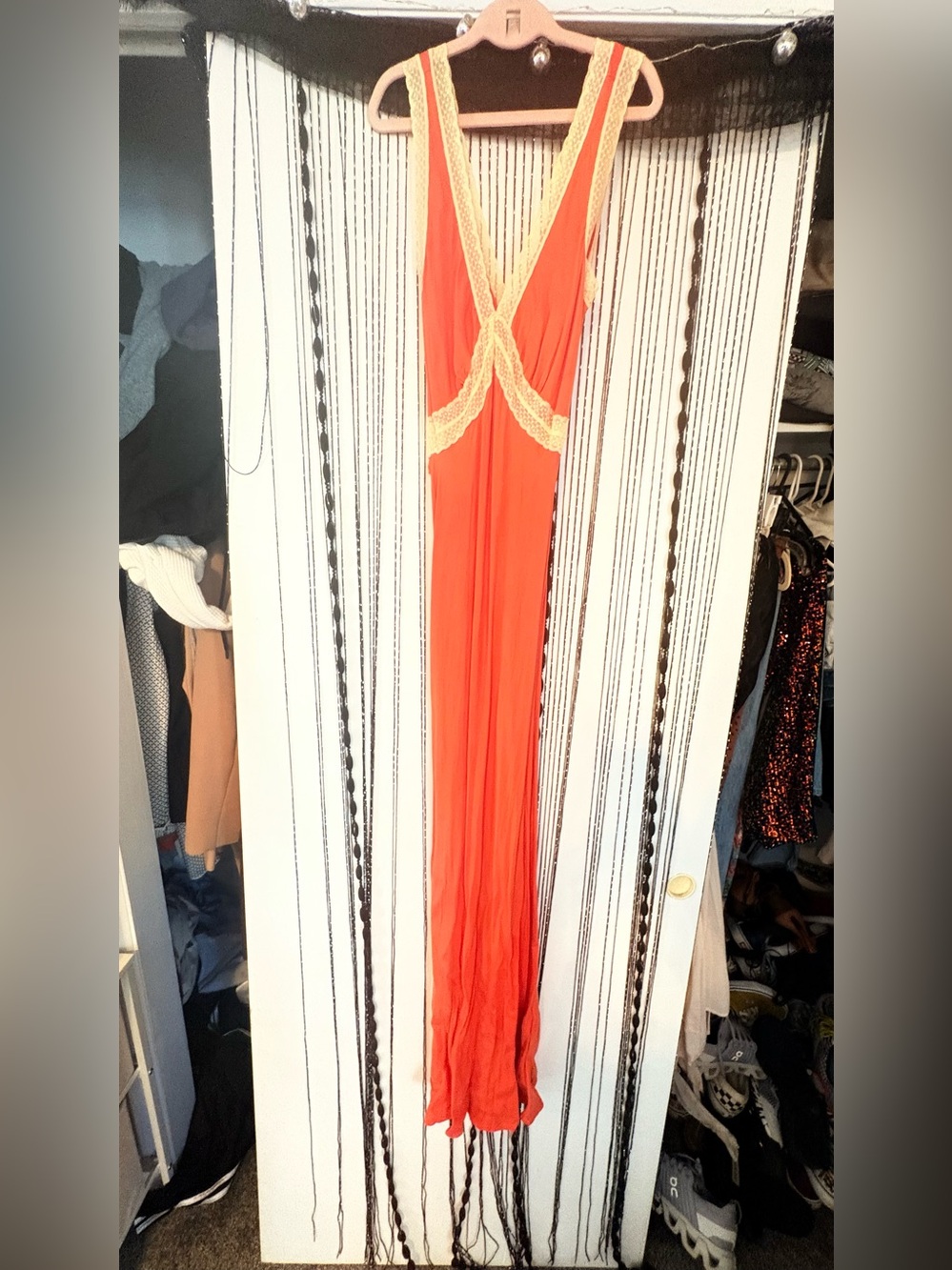 Sleeveless Orange Maxi Dress with Cream Lace Trim